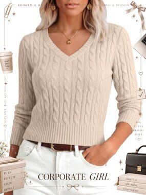 Long Sleeve V Neck Cable Knit Cropped Sweater Slim Fit Pullover